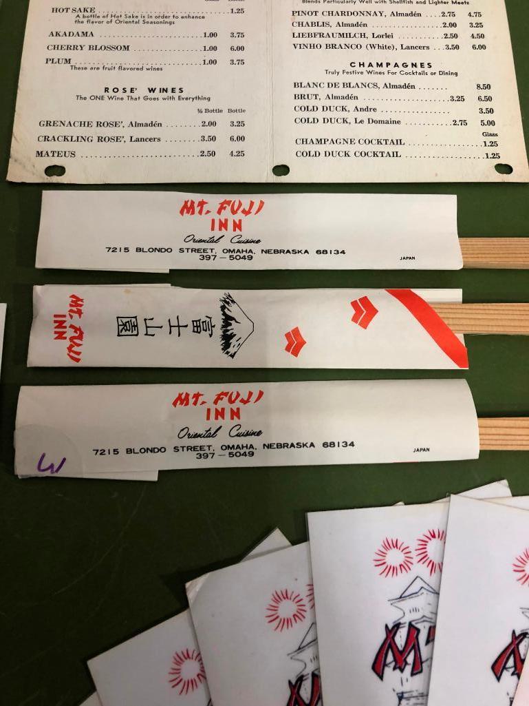 Mai Tai Lounge and Mt. Fuji Inn Memorabilia, Menus and Chopsticks, Orig. w/ Logos