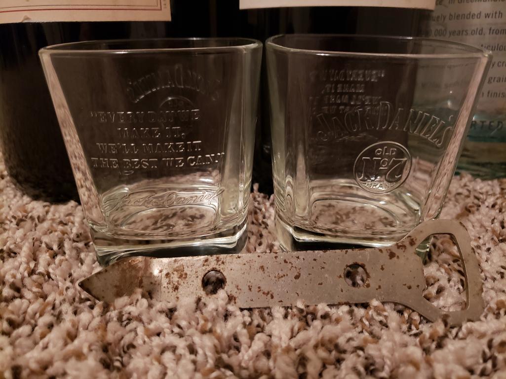 Jack Daniels Glasses, Antique Bottle Opener, Display Liquor Bottles