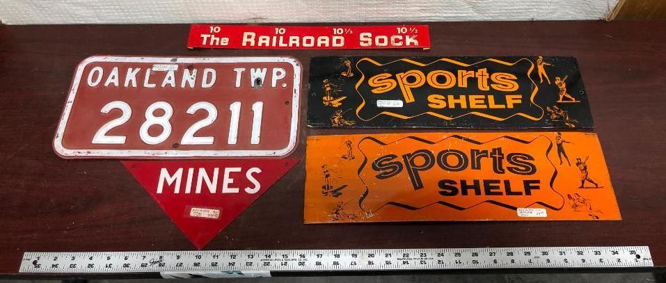 Lot of 5 Metal & Tin Signs, Sports Shelf, Oakland TWP Lic. Plate, Mines, Other