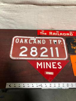 Lot of 5 Metal & Tin Signs, Sports Shelf, Oakland TWP Lic. Plate, Mines, Other