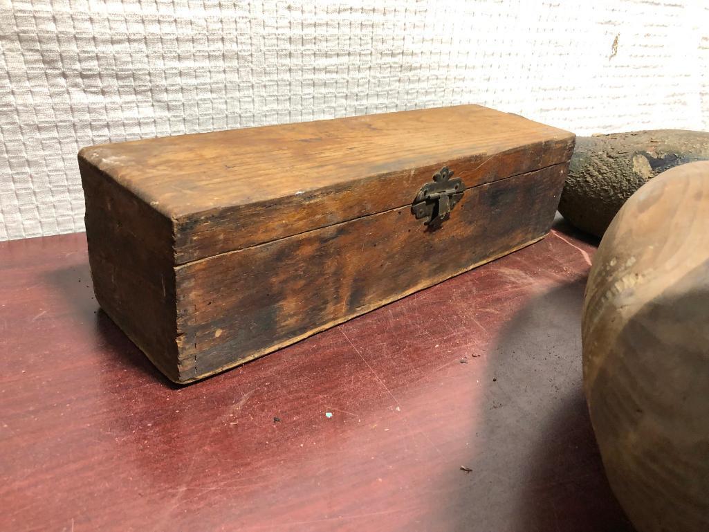 4 Duck Decoys (3 Wooden), Wood Box, Primitive Rolling Pin