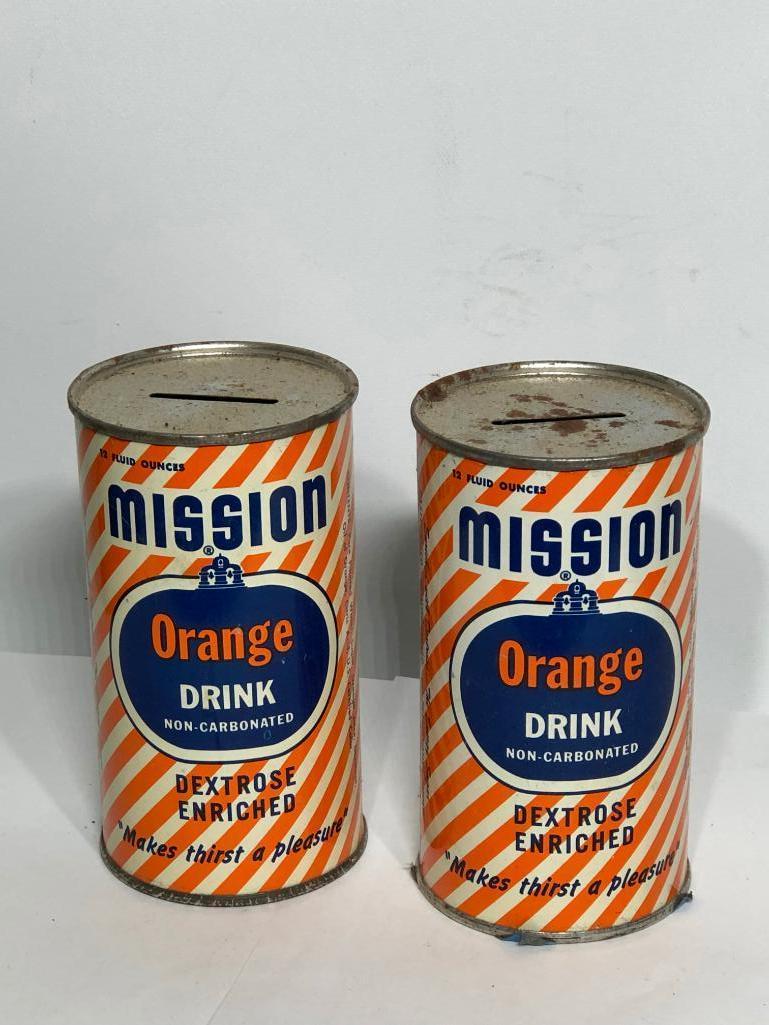Lot of 2 Tin Mission Orange Banks, 12 Oz. Cans