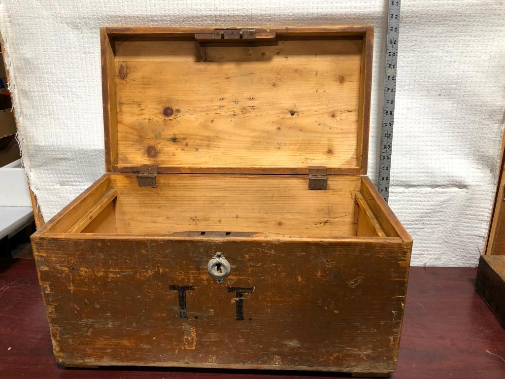 Primitive Wooden Trunk w/ Dovetailed Joints, TT Monogram