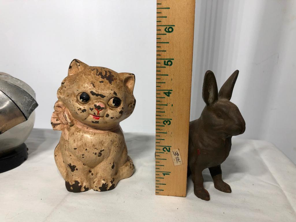 Lot of 3 Still Banks, Cast Iron Bunny, Cat