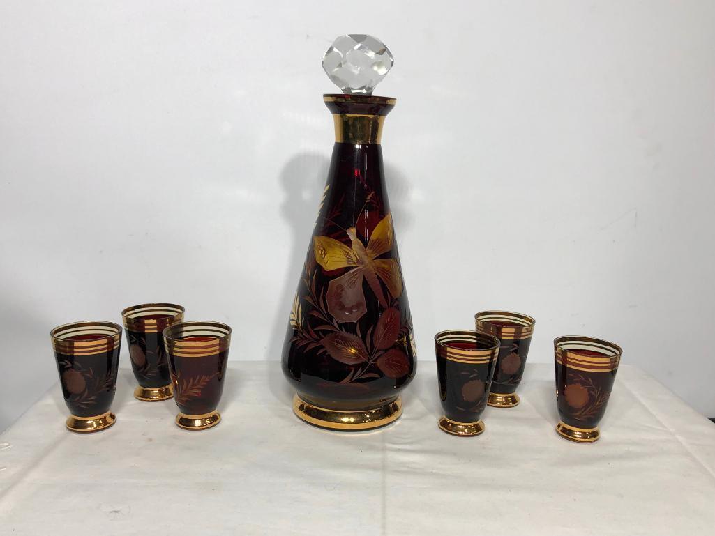 Etched Czech Wine Decanter Set w/ Tasting Glasses and Stopper, Butterfly Pattern