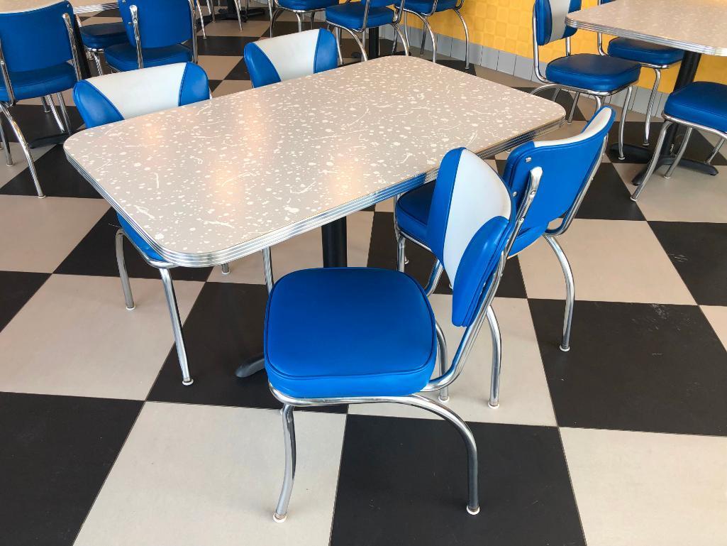 Modern 1950's Retro Diner Style Restaurant Table & (4) Blue, White & Chrome Chairs