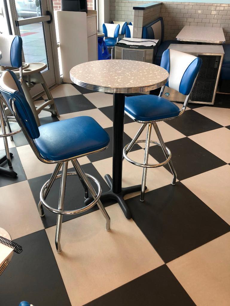 Modern 1950's Retro Diner Style Pub Table & (2) Blue, White & Chrome Swivel Bar Stools