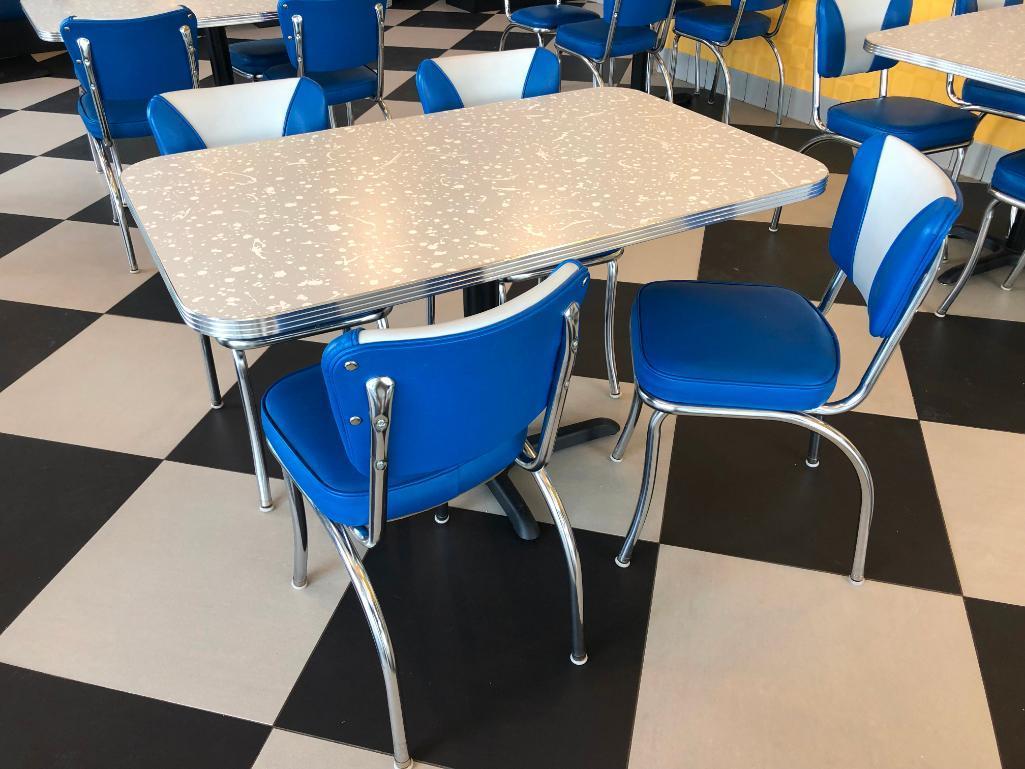 Modern 1950's Retro Diner Style Restaurant Table & (4) Blue, White & Chrome Chairs