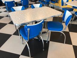 Modern 1950's Retro Diner Style Restaurant Table & (4) Blue, White & Chrome Chairs