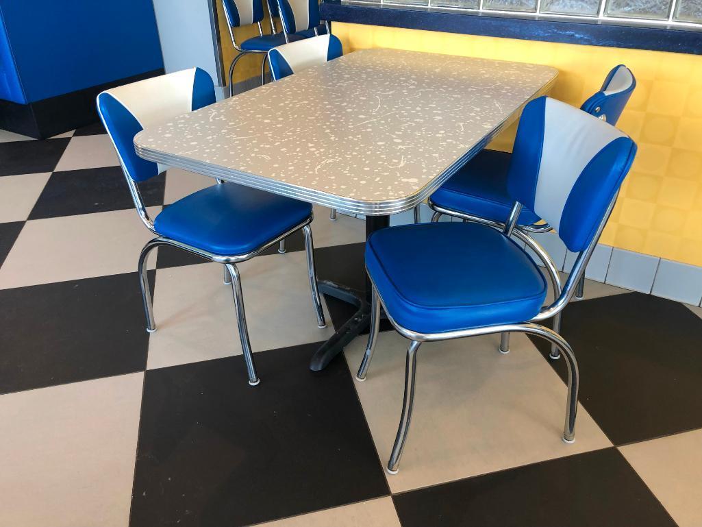 Modern 1950's Retro Diner Style Restaurant Table & (4) Blue, White & Chrome Chairs