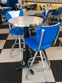 Modern 1950's Retro Diner Style Pub Table & (2) Blue, White & Chrome Swivel Bar Stools