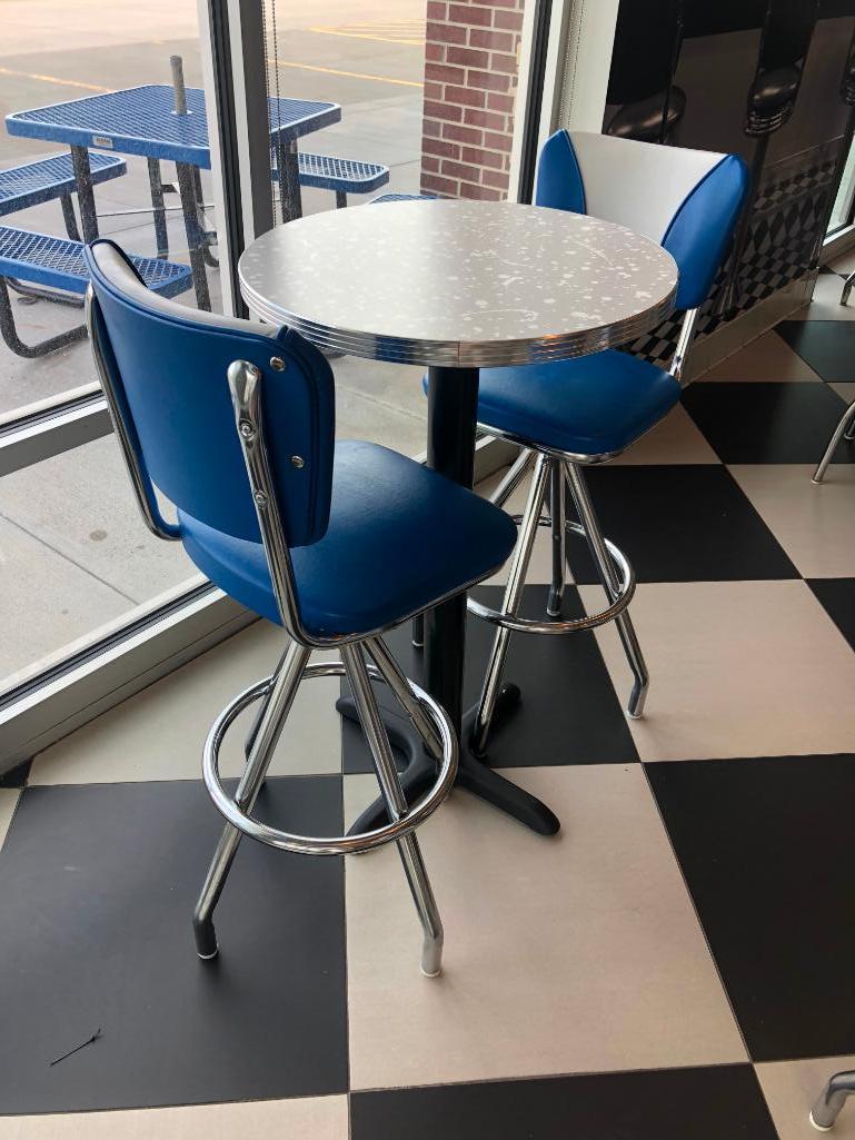 Modern 1950's Retro Diner Style Pub Table & (2) Blue, White & Chrome Swivel Bar Stools