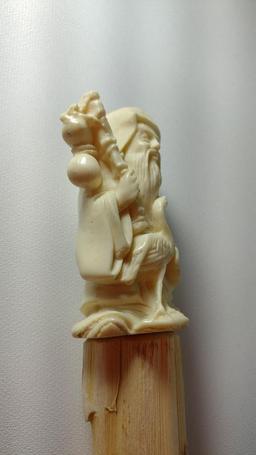 Figural Carved Tusk or Bone Asian Man with Bird Cane