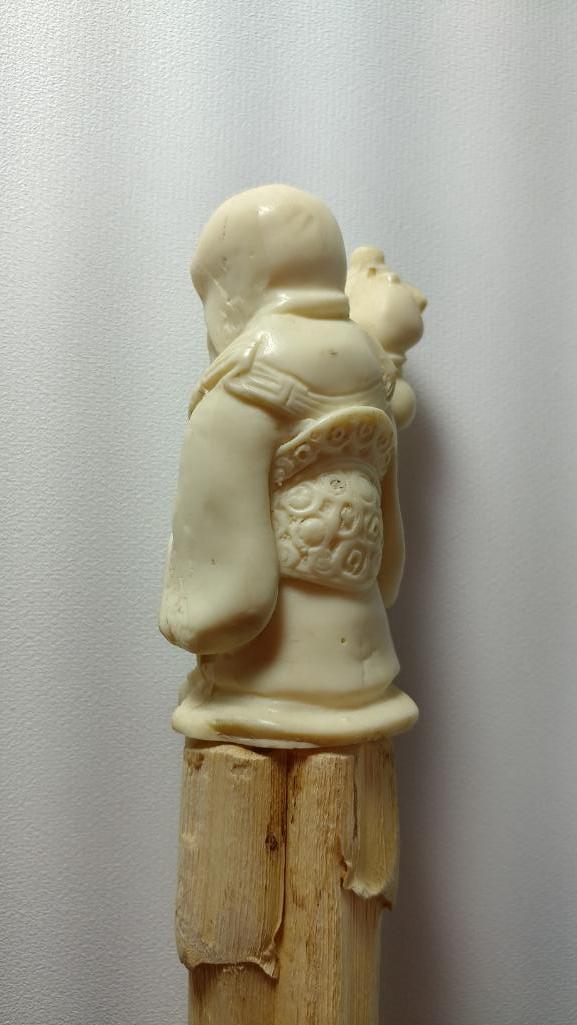 Figural Carved Tusk or Bone Asian Man with Bird Cane