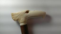 L-Shaped Carved Tusk or Bone Figural Bird Cane with Glass Ey, Wooden Shaft w/ Bone or Tusk Collar