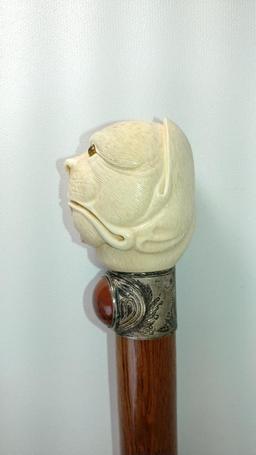 Tusk or Bone Carved Figural Mammel w/ Large Silver Collar with Cabochon Stone Insert