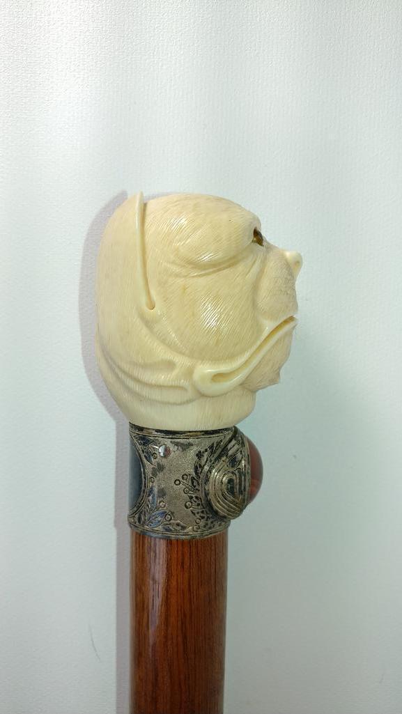 Tusk or Bone Carved Figural Mammel w/ Large Silver Collar with Cabochon Stone Insert