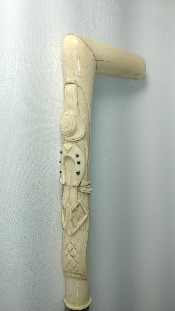 Ornate Carved Tusk or Bone L-Shaped Cane,