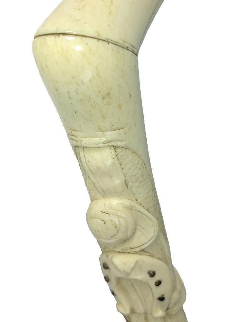 Ornate Carved Tusk or Bone L-Shaped Cane,