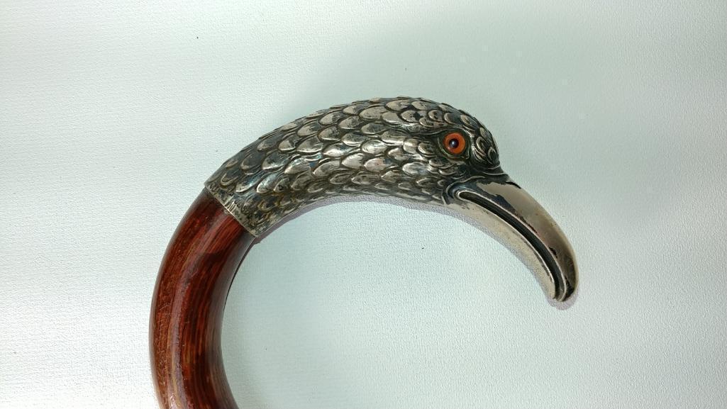 Ornate Silver Crook Handled Bird Cane with Glass Eyes, Mixed Metals Ferrule