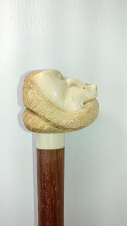 Very Unusual Figural Tusk or Bone Carved Cane with Bone or Tusk Collar, See Images for Details