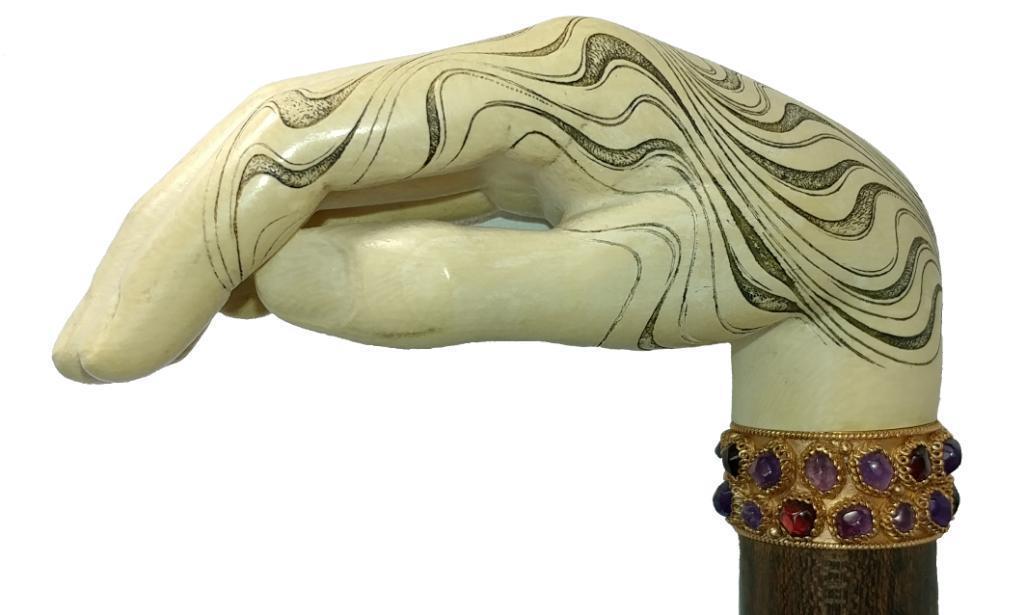 Gorgeous Bone or Tusk Carved Hand L-Shaped Cane with Jeweled Collar, Some Scrimshaw Carvings