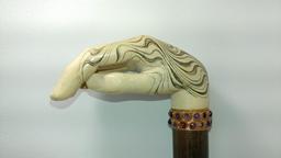 Gorgeous Bone or Tusk Carved Hand L-Shaped Cane with Jeweled Collar, Some Scrimshaw Carvings