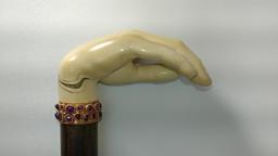 Gorgeous Bone or Tusk Carved Hand L-Shaped Cane with Jeweled Collar, Some Scrimshaw Carvings