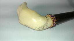 Gorgeous Bone or Tusk Carved Hand L-Shaped Cane with Jeweled Collar, Some Scrimshaw Carvings