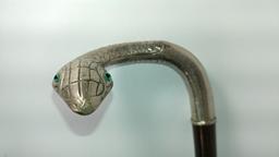 Silver Serpent Figural Cane with Green and Black Glass Eyes, Very Neat Unusual Cane