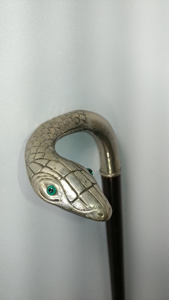 Silver Serpent Figural Cane with Green and Black Glass Eyes, Very Neat Unusual Cane