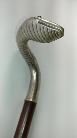 Silver Serpent Figural Cane with Green and Black Glass Eyes, Very Neat Unusual Cane