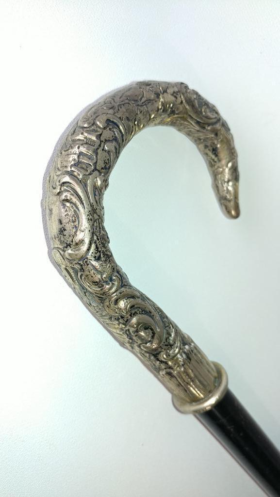 Silver Serpent Crook Handled Dress Cane, Ornate Handle