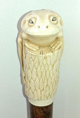 Interesting Carved Bone or Tusk Frog on Stump Cane