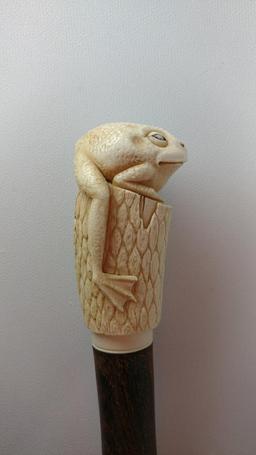 Interesting Carved Bone or Tusk Frog on Stump Cane