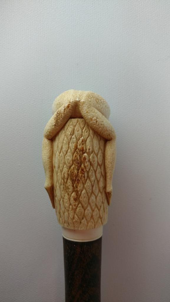 Interesting Carved Bone or Tusk Frog on Stump Cane