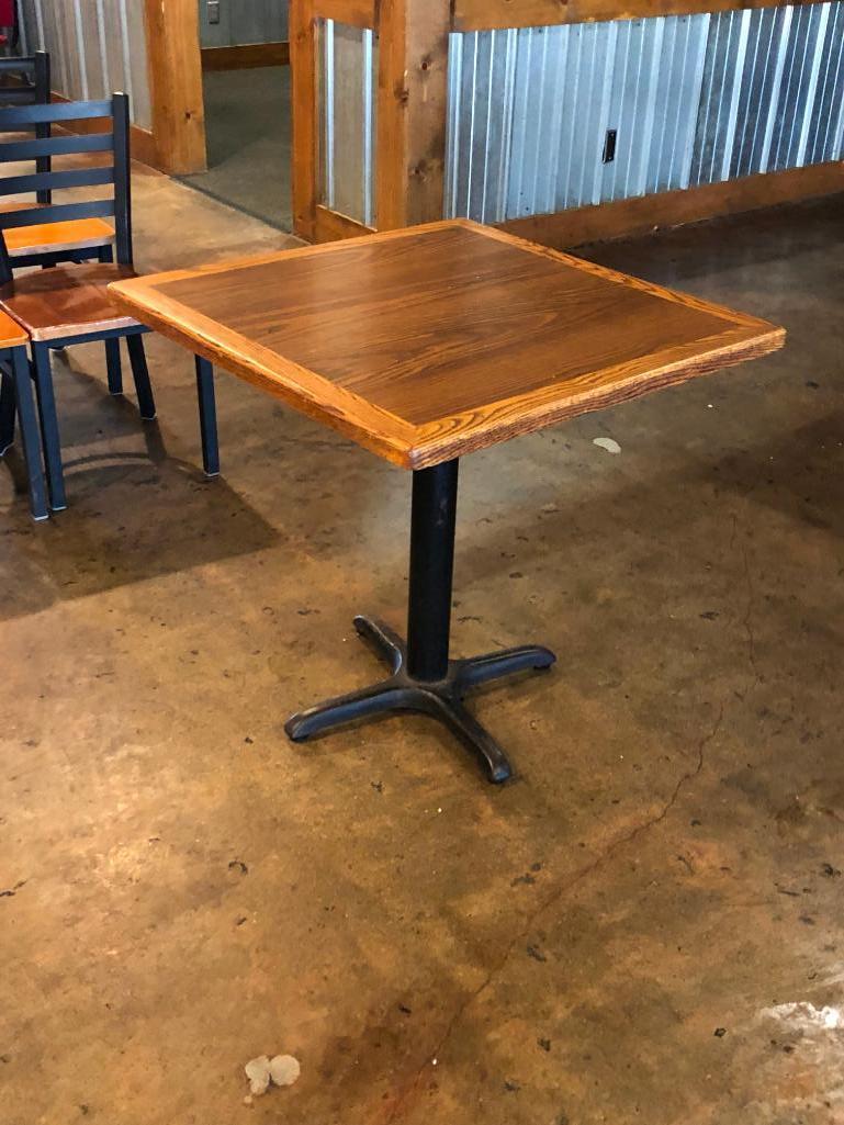 Restaurant Table, Wood & Laminate Top, Single Pedestal Iron Base, 30in x 30in x 30in