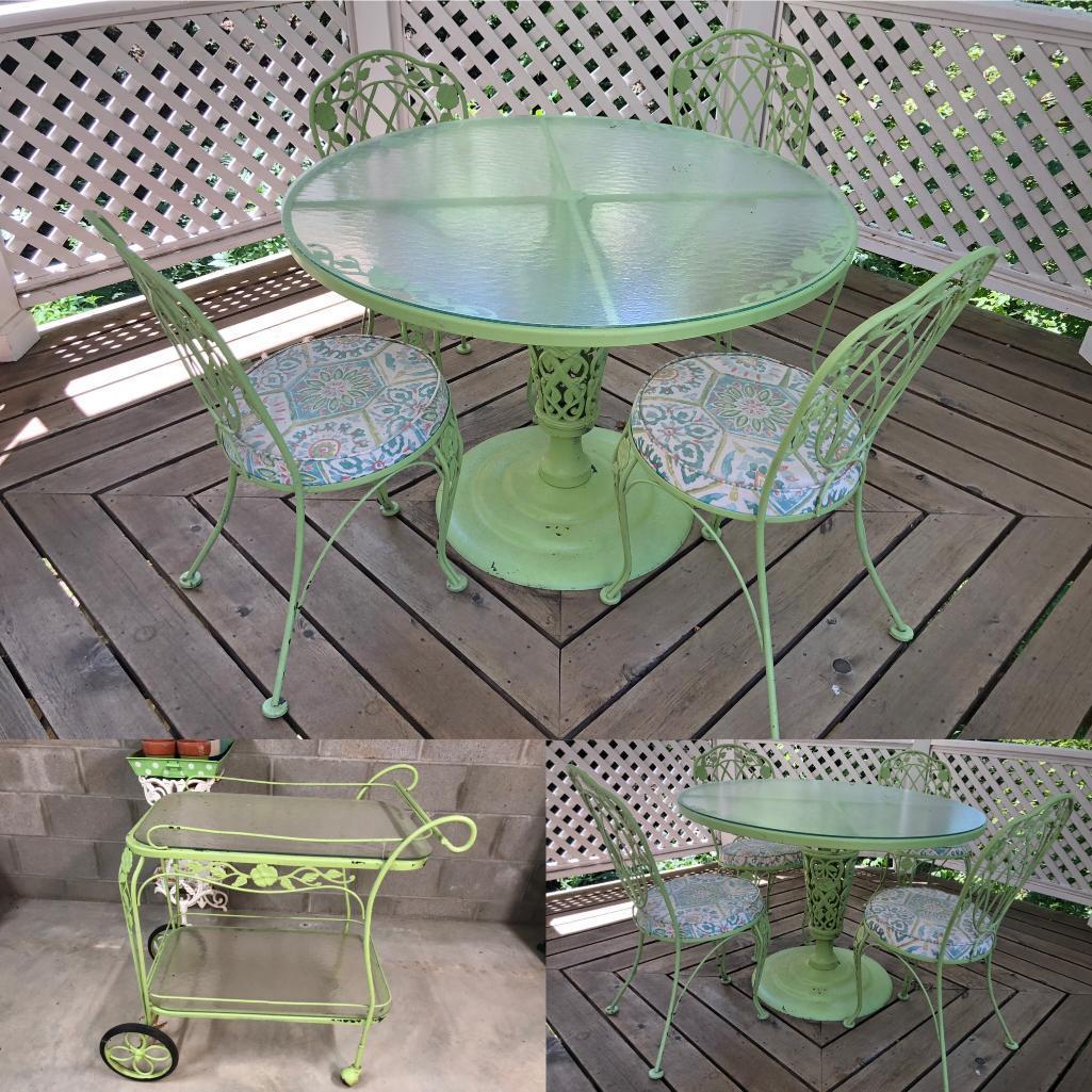 Wrought Iron Green Patio Table & 4 Chairs, Matching Drink Cart