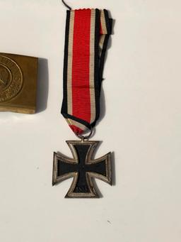 1939 Swastika Iron Cross Medal & 2 Nazi German Belt Buckles