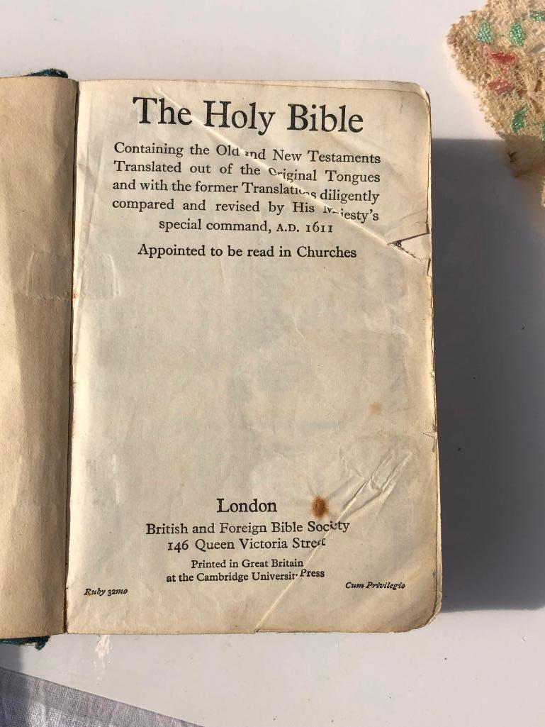 Holy Bible w/ King Georges Emblem & Message Dated 1939 & Handkerchief w/ Royal Engineers Crest