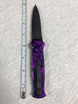 Piranha Knives CPM S30V USA Auto Open Knife, Ribbed Purple & Black Handle