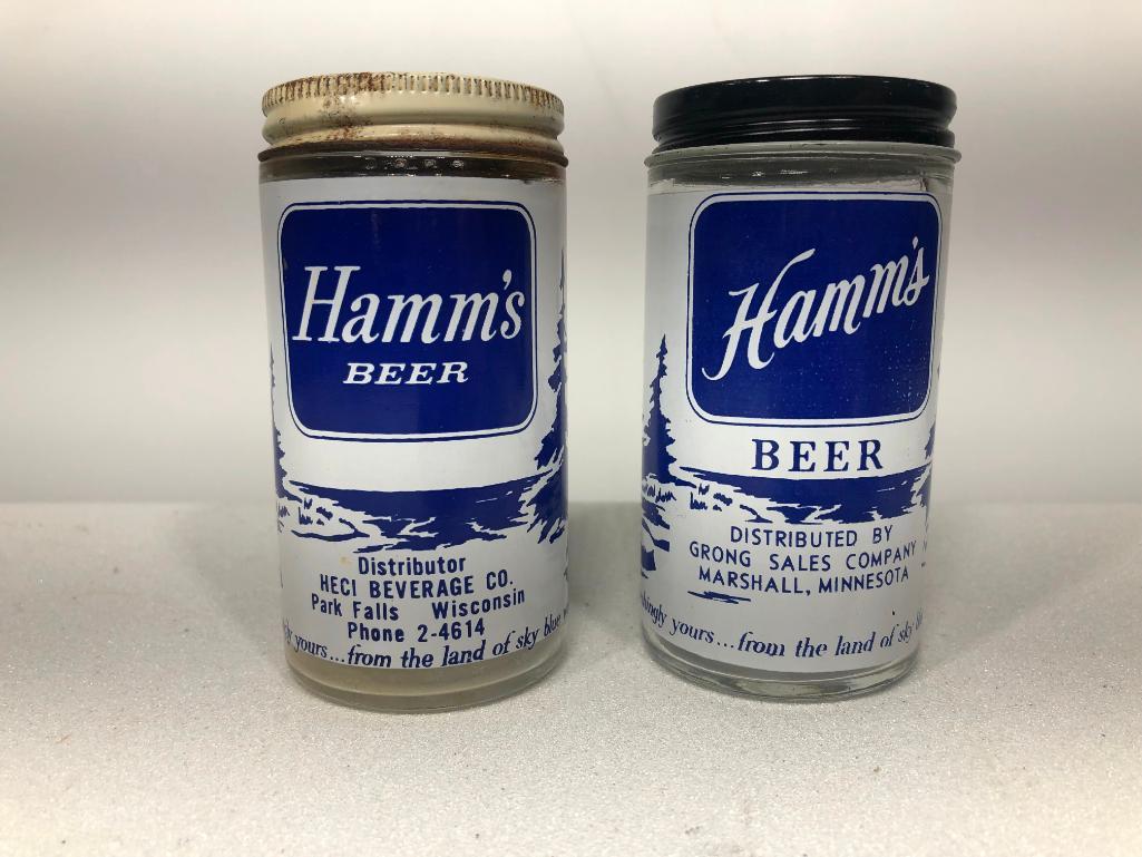 Early Hamm's Beer Glass Shakers, Lot of 2, Blue, HECI and Grong Sales, Park Falls, WI, Marshall Minn