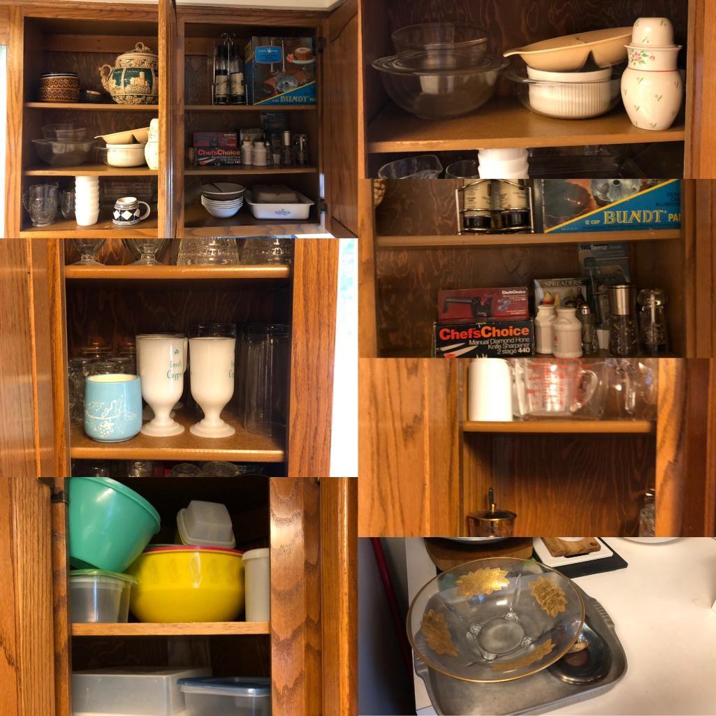 Contents of 3 Cabinets Knife Sharpener, Cheese Knives, German Punch Bowl, Cutting Boards