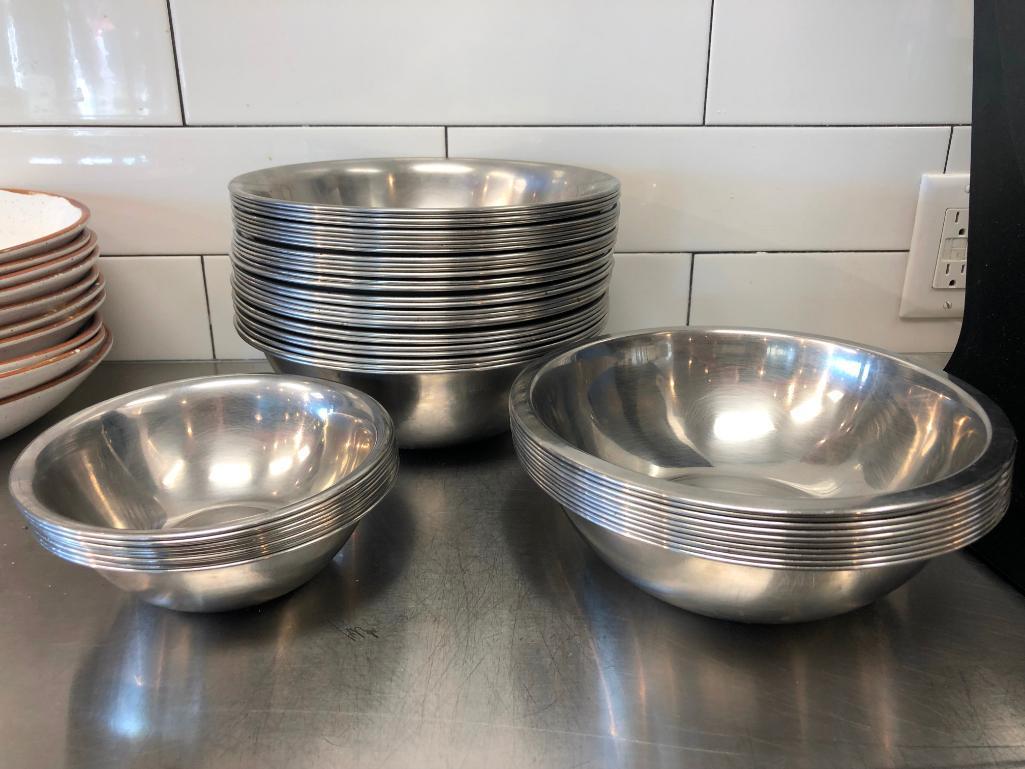 Lot of 47 Stainless Steel Bowls, 3 Sizes, NSF by Vollrath, 10in, 9in, 7in Wide
