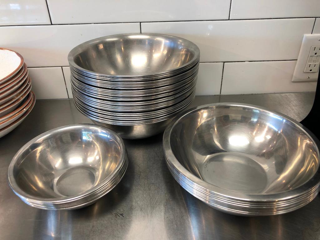 Lot of 47 Stainless Steel Bowls, 3 Sizes, NSF by Vollrath, 10in, 9in, 7in Wide