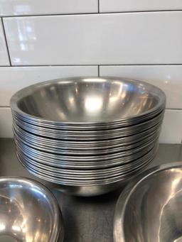 Lot of 47 Stainless Steel Bowls, 3 Sizes, NSF by Vollrath, 10in, 9in, 7in Wide