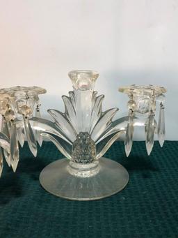 Cambridge Glass Candle Holders w/ Prisms, One Damaged