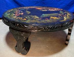 Mid-Century Modern Japanese Low Round Tea Table, Hand Painted Scenes of Mt Fuji, Mother of Pearl