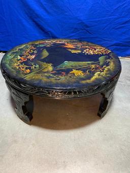 Mid-Century Modern Japanese Low Round Tea Table, Hand Painted Scenes of Mt Fuji, Mother of Pearl