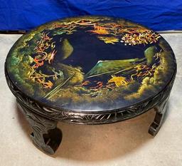 Mid-Century Modern Japanese Low Round Tea Table, Hand Painted Scenes of Mt Fuji, Mother of Pearl